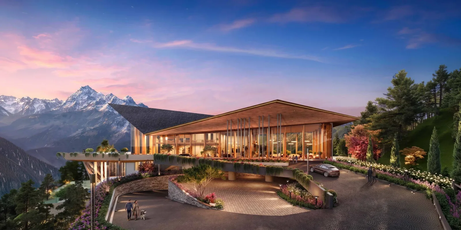 Abhinandan Lodha Shimla - The Ridge clubhouse arrival court at dusk, Mashobra