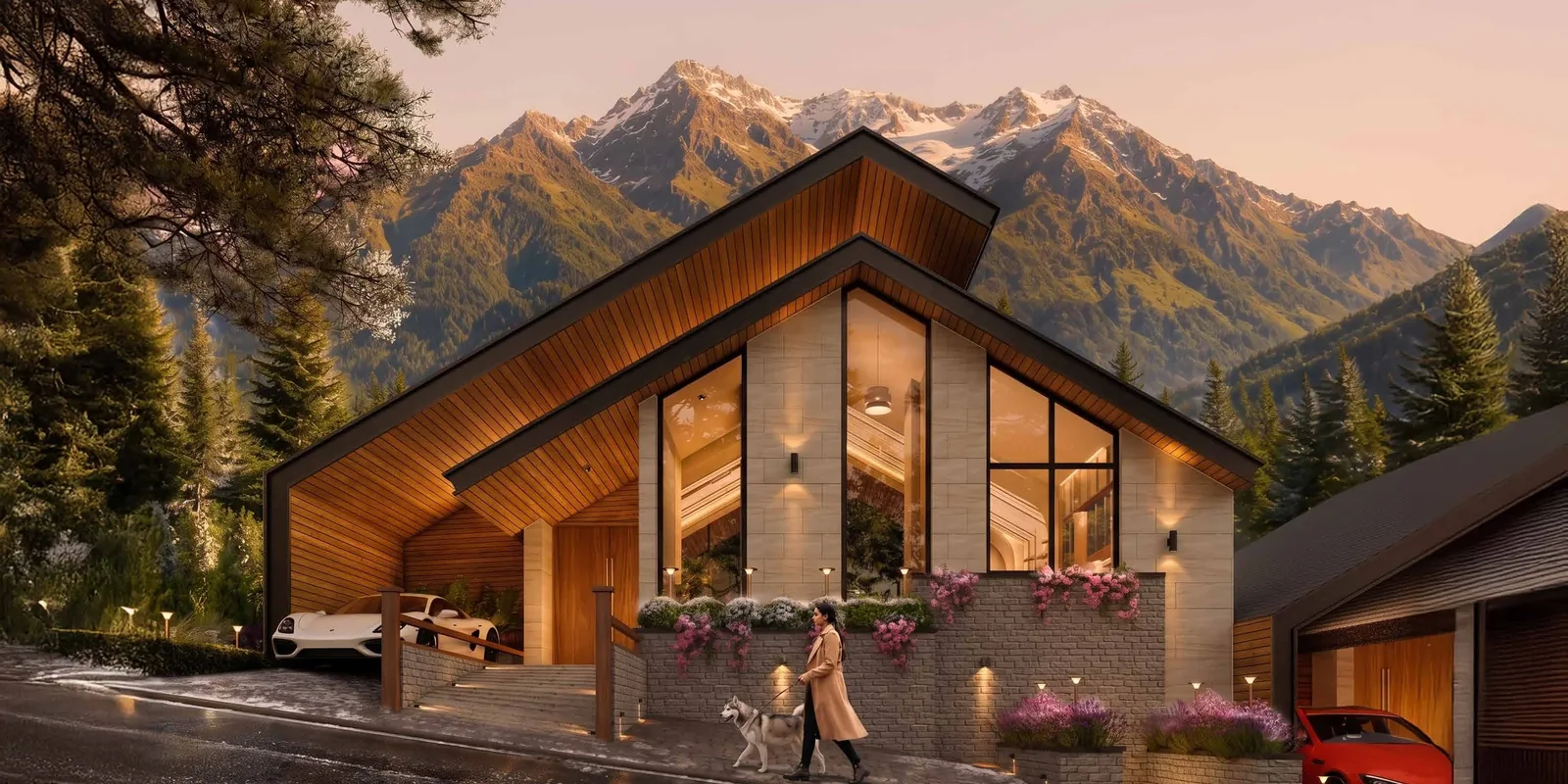 Abhinandan Lodha Shimla - The Ridge villa exterior at dusk with Himalayan peaks beyond