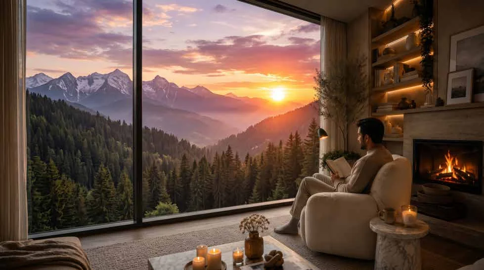 Abhinandan Lodha Shimla - The Ridge fireside lounge overlooking the valley at sunset