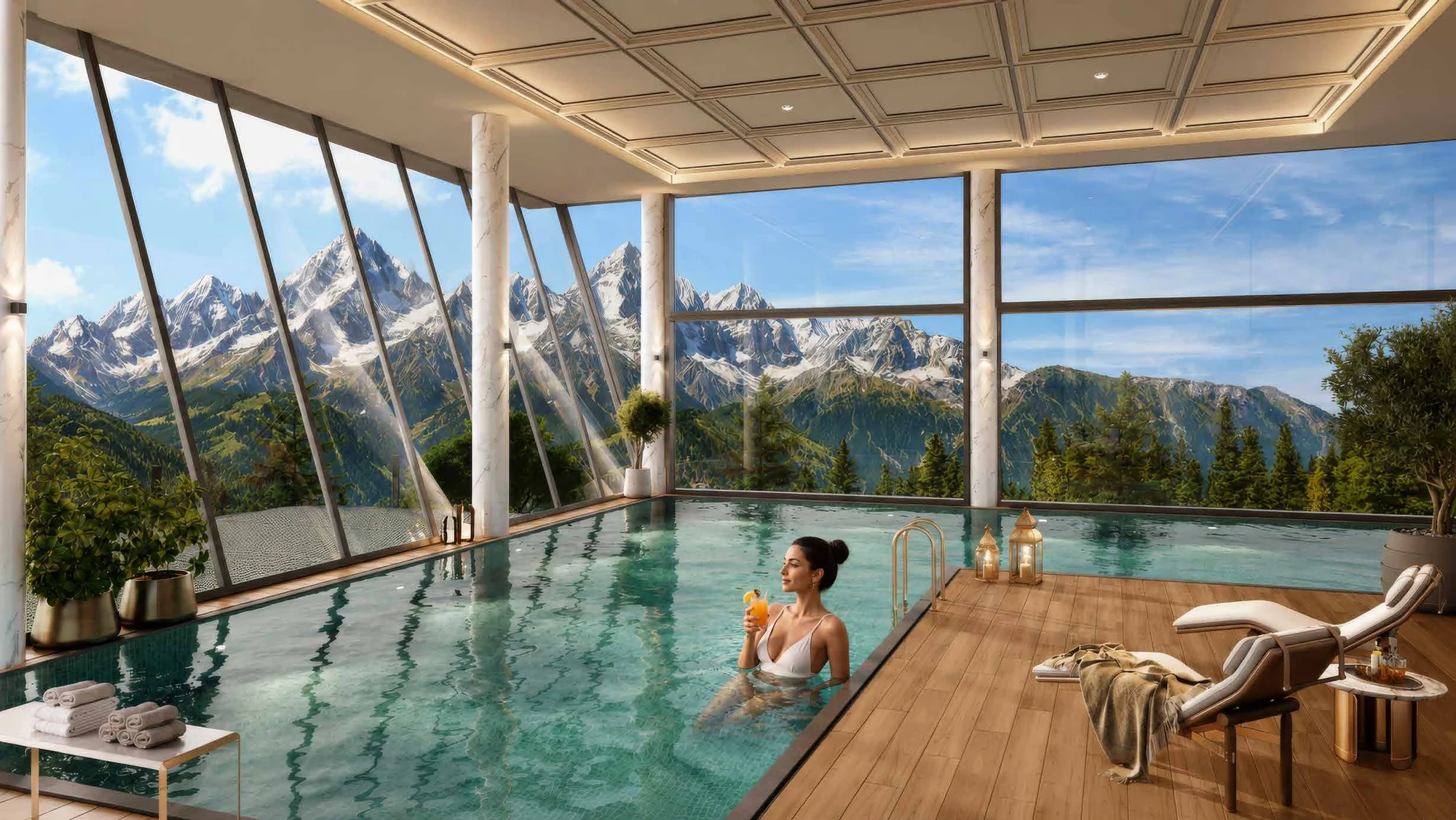 Abhinandan Lodha Shimla - The Ridge double-height heated indoor pool with mountain views