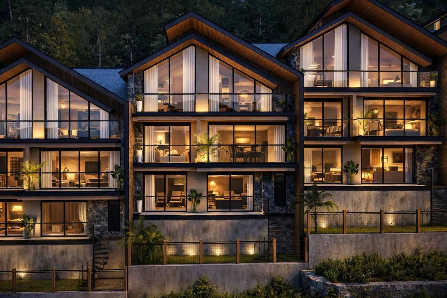 Abhinandan Lodha Shimla - The Ridge multi-level villas lit at evening on the hillside