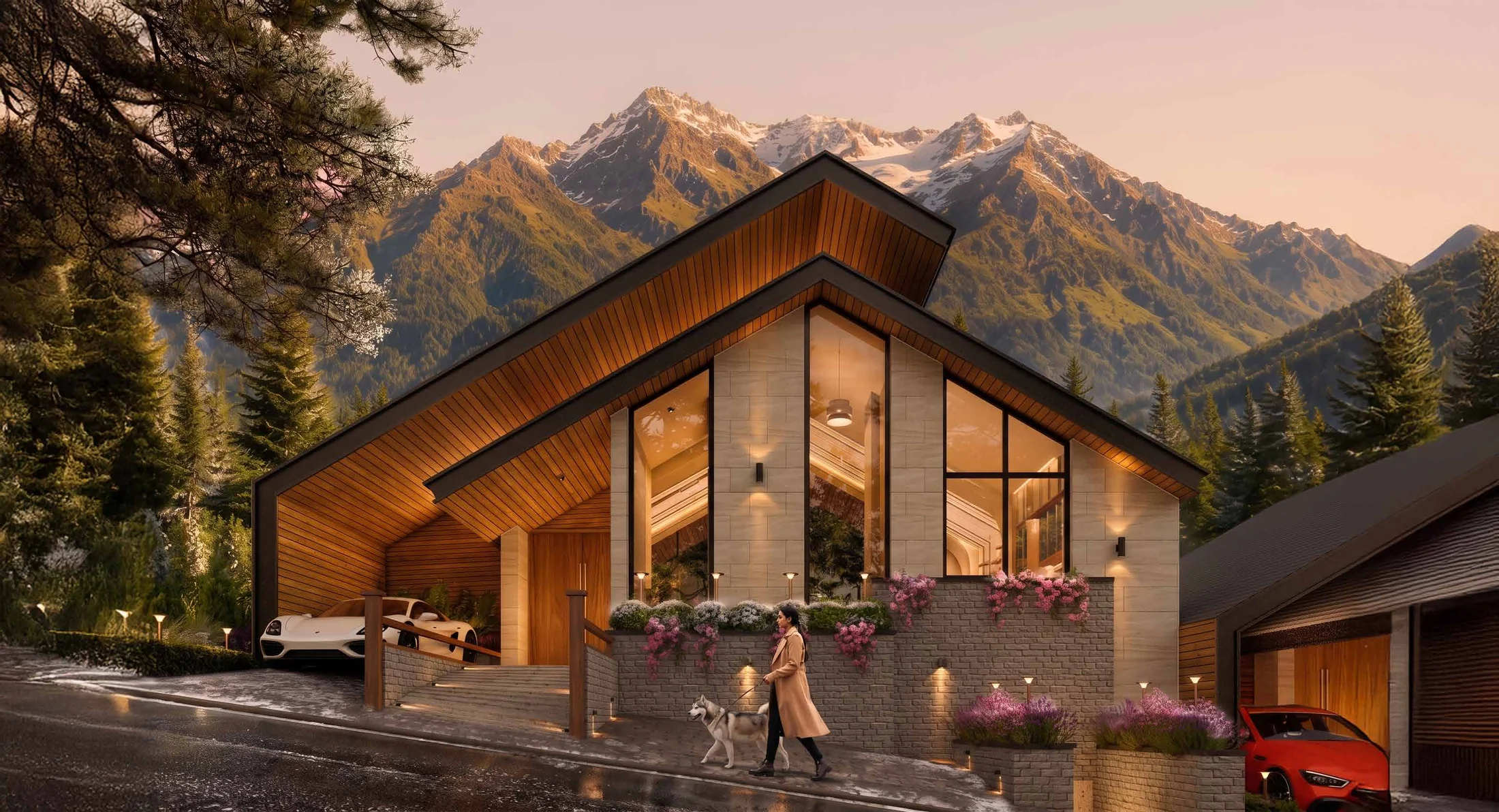 Abhinandan Lodha Shimla - The Ridge villa exterior at dusk with Himalayan peaks beyond