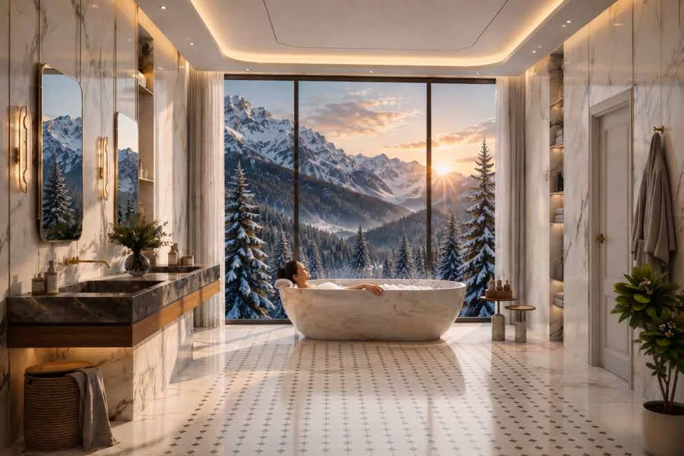 Abhinandan Lodha Shimla - The Ridge villa master bathroom with Himalayan views