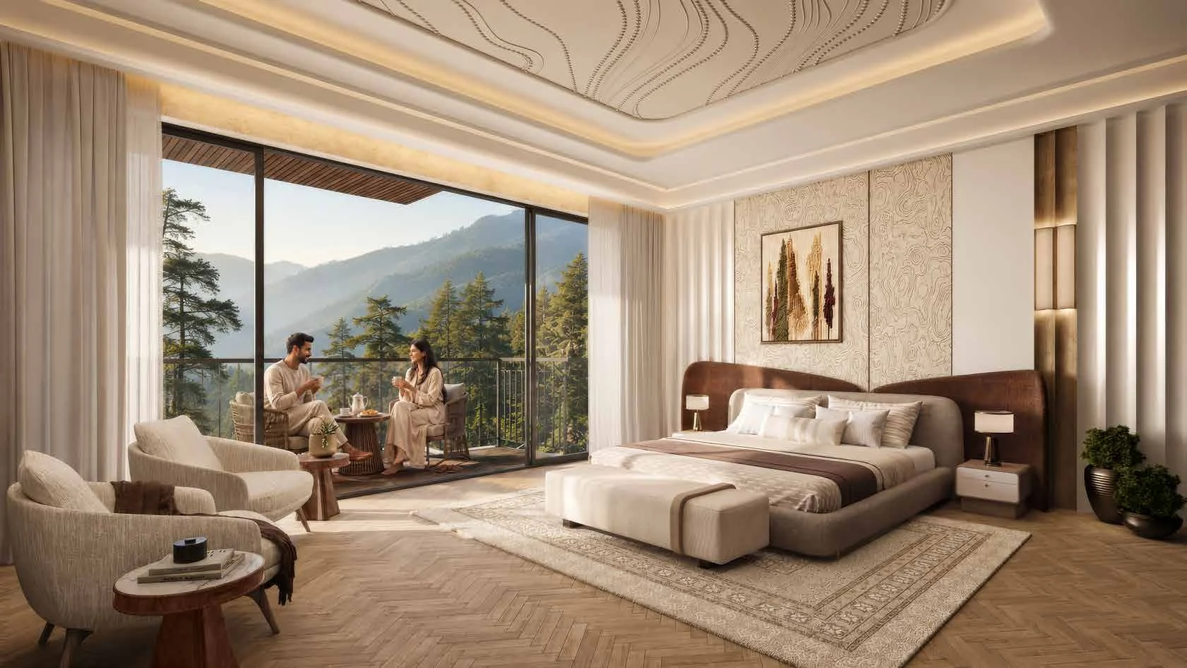 Abhinandan Lodha Shimla - The Ridge villa master bedroom with full-width valley balcony